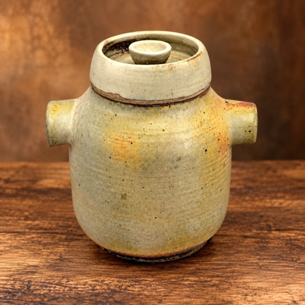 Vintage Studio Pottery Stoneware Lidded Jar Lug Handles Rustic Art Pottery 8"
